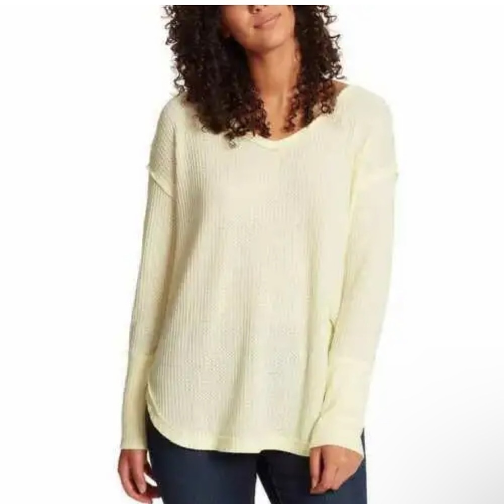 VINTAGE AMERICA Women's Thermal V Neck Knit Long Sleeve Top Wax Yellow Size S